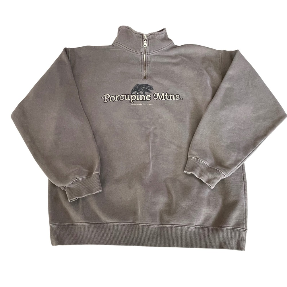 Genuine Pigment Dyed Porcupine Mtns Michigan Bear Quarter Zip Sweatshirt Brown M